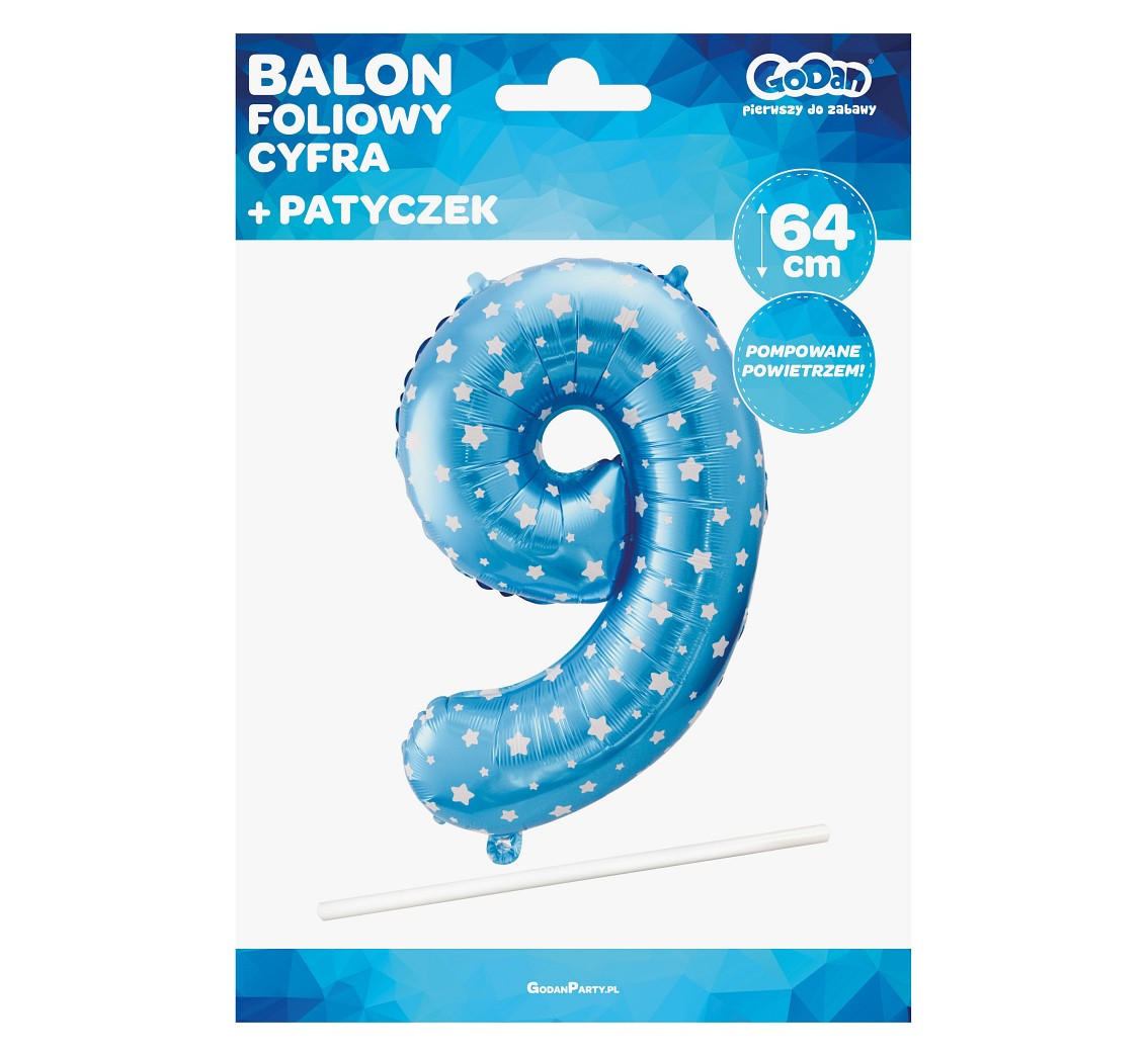 Foil balloon digit "9", blue with stars, 26" EOL