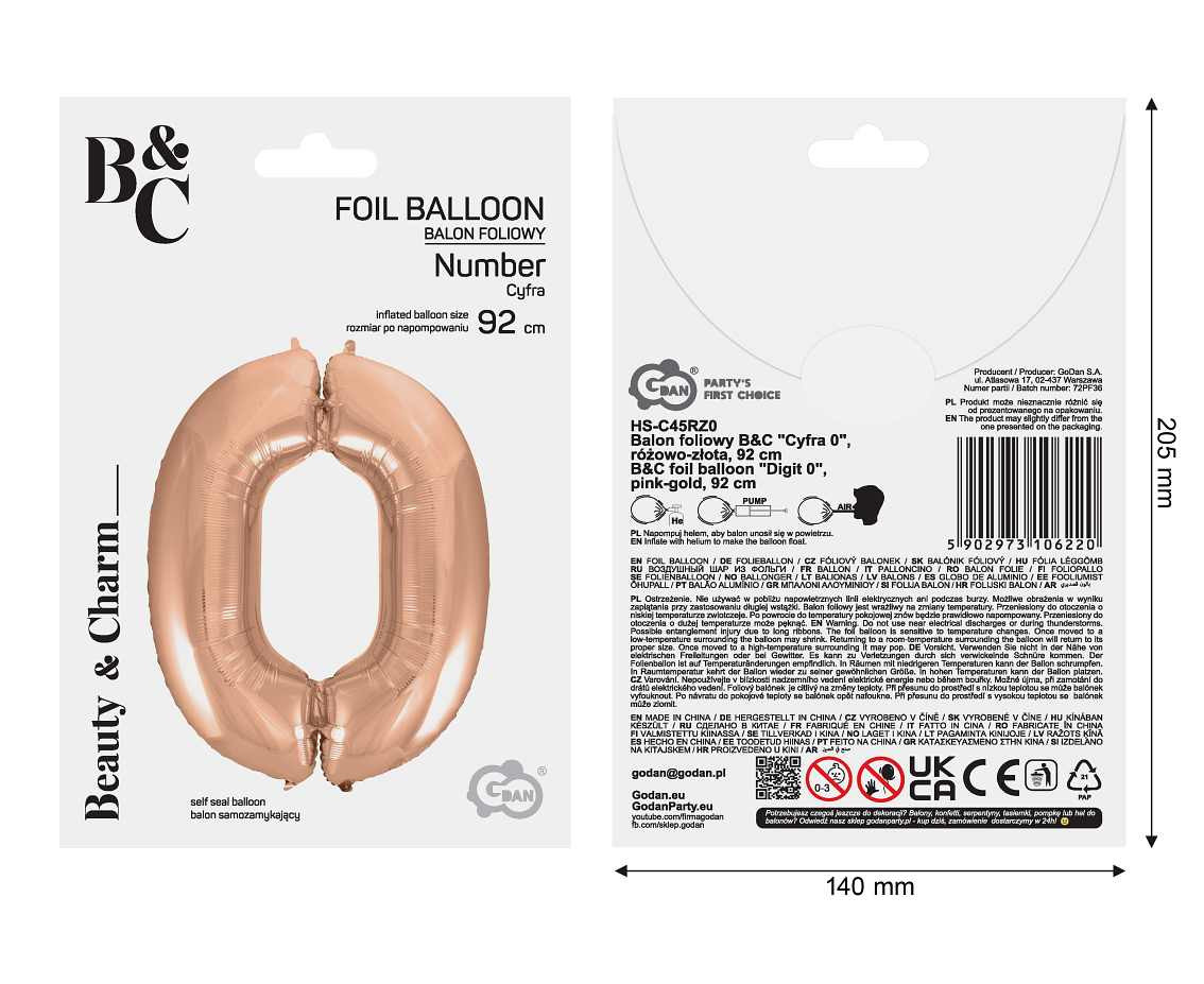 Foil balloon No 0, pink-gold, 92 cm