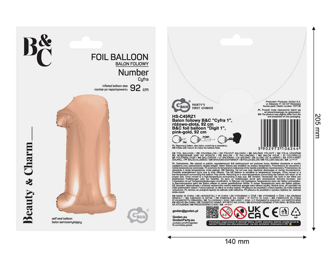 Foil balloon No 1, pink-gold, 92 cm