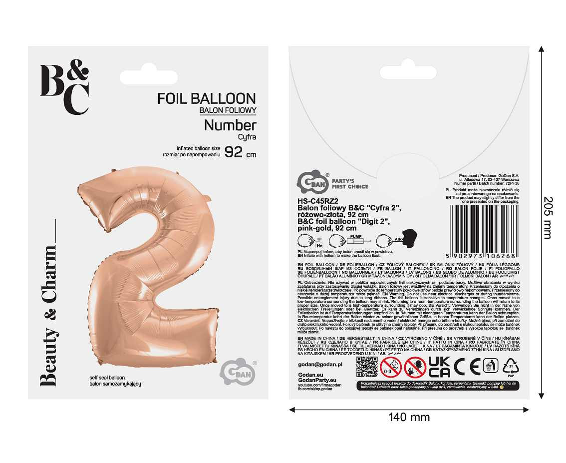 Foil balloon No 2, pink-gold, 92 cm