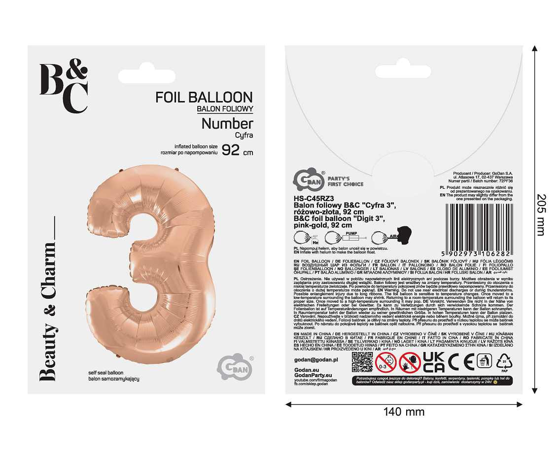 Foil balloon No 3, pink-gold, 92 cm