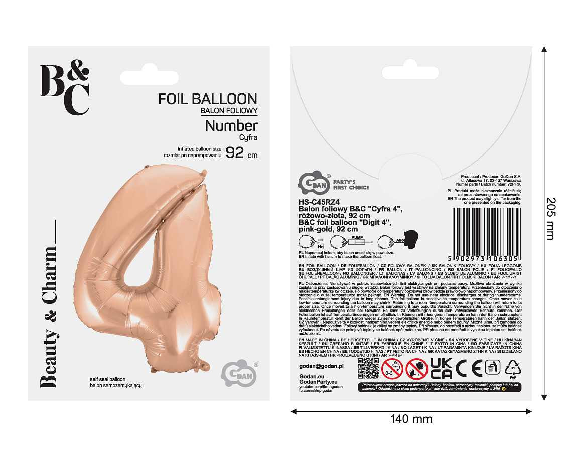 Foil balloon No 4, pink-gold, 92 cm