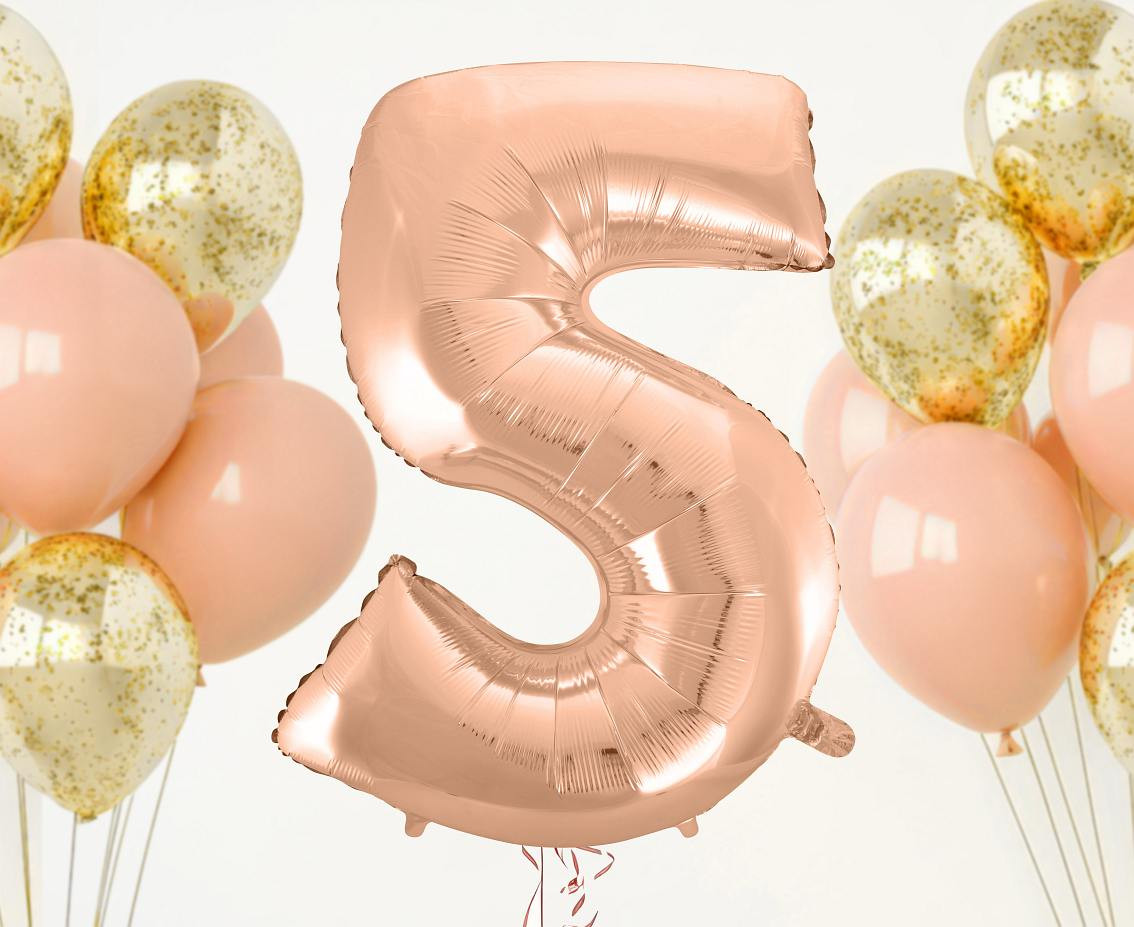 Foil balloon No 5, pink-gold, 92 cm