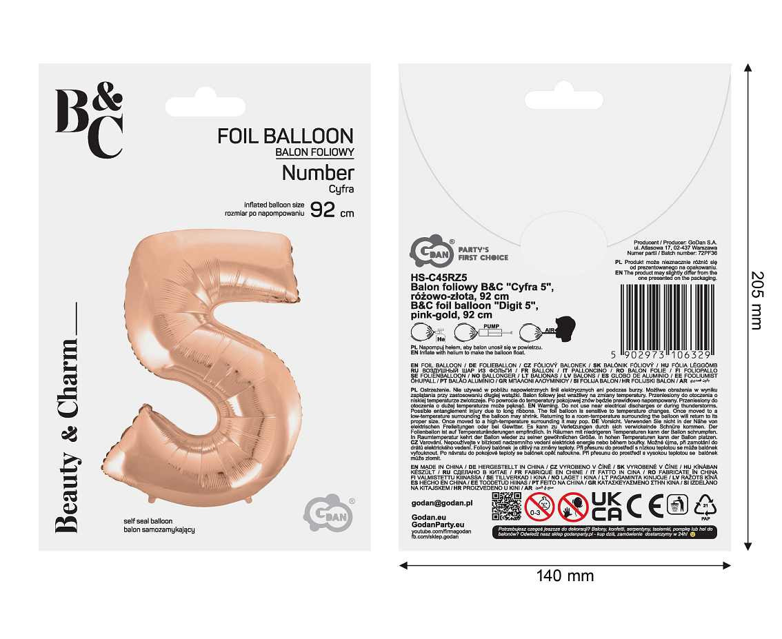 Foil balloon No 5, pink-gold, 92 cm