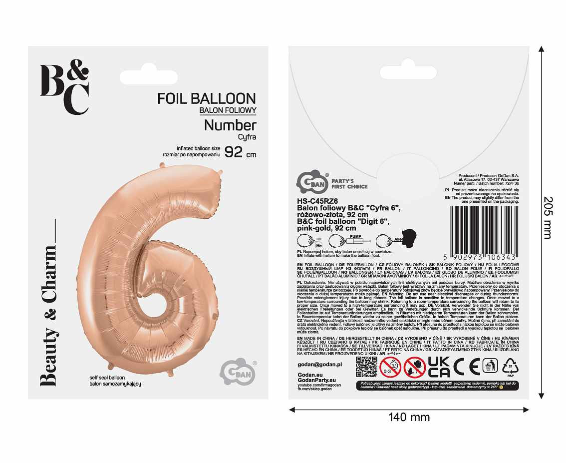 Foil balloon No 6, pink-gold, 92 cm