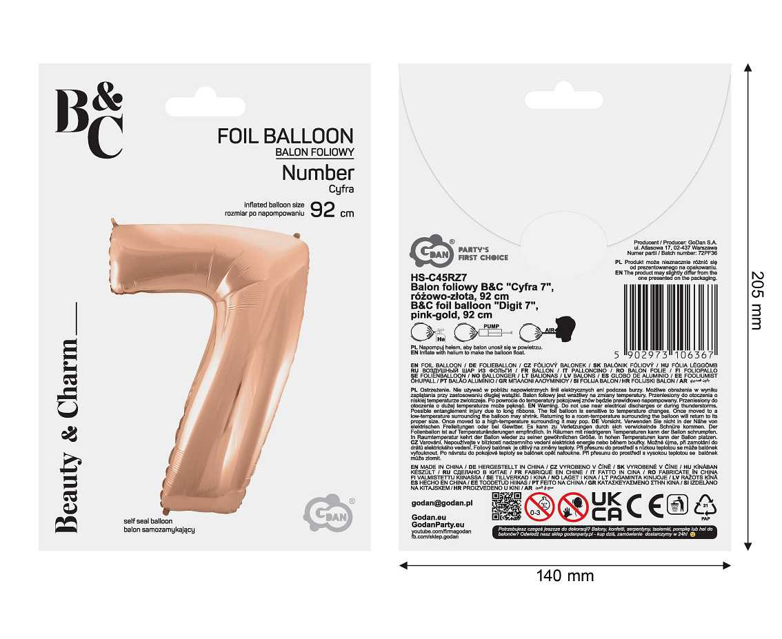 Foil balloon No 7, pink-gold, 92 cm