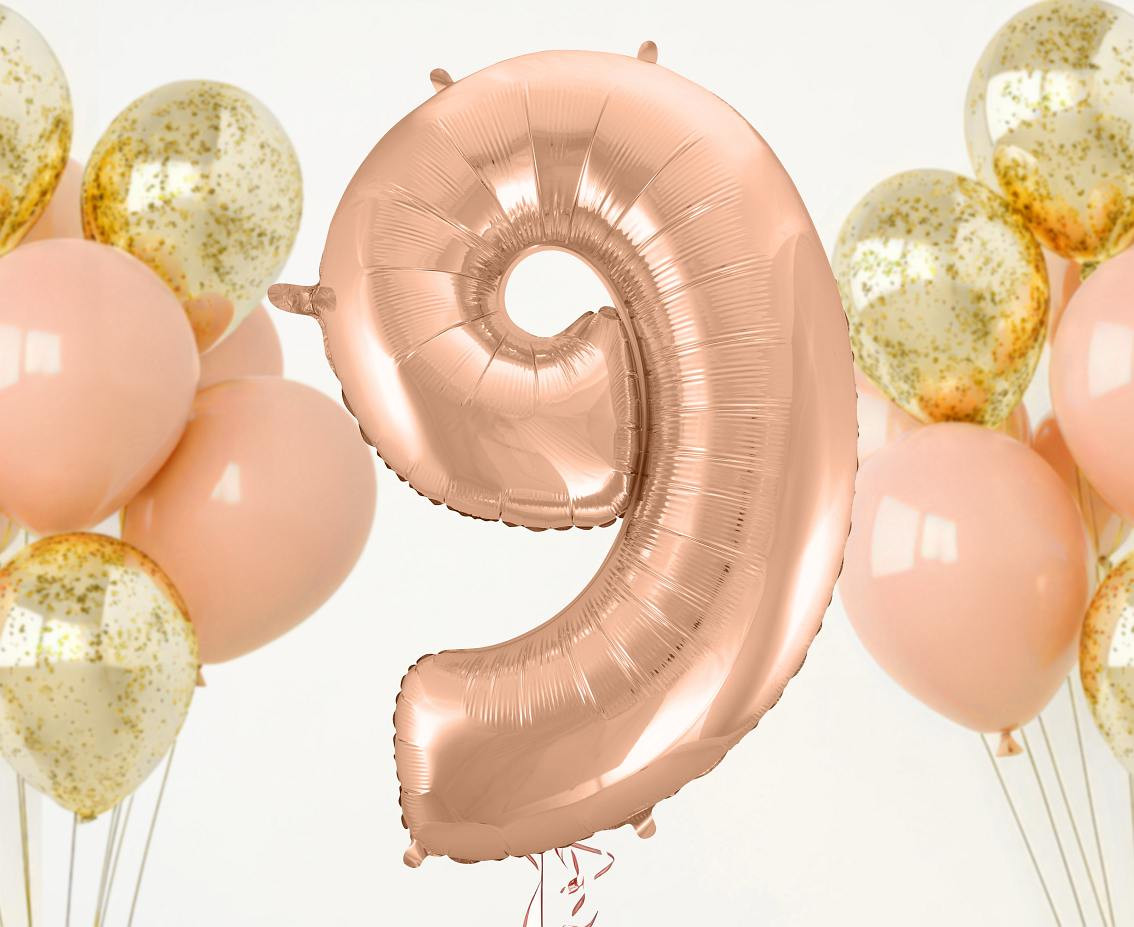 Foil balloon No 9, pink-gold, 92 cm