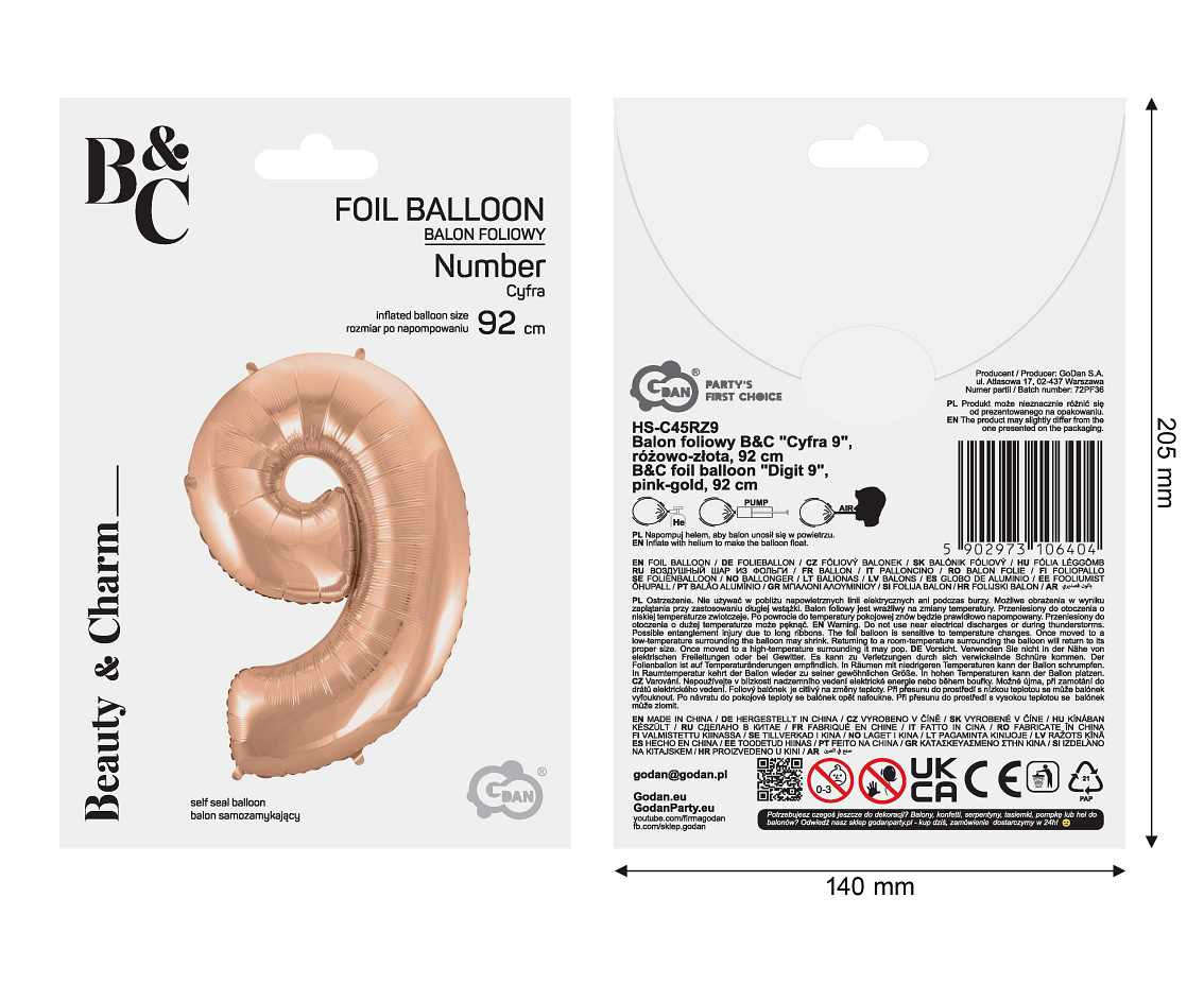 Foil balloon No 9, pink-gold, 92 cm