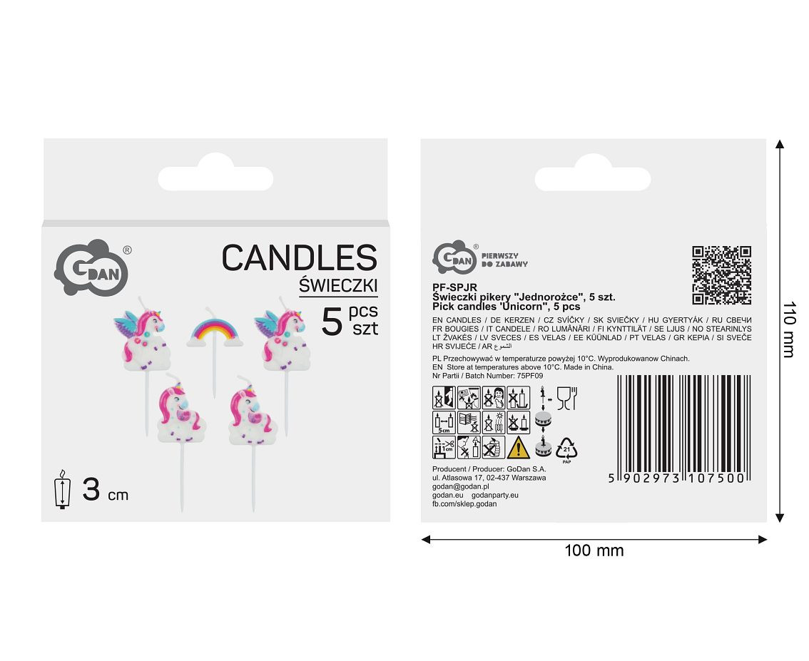 Pick candles Unicorn, total lenght 8 cm, 5 pcs
