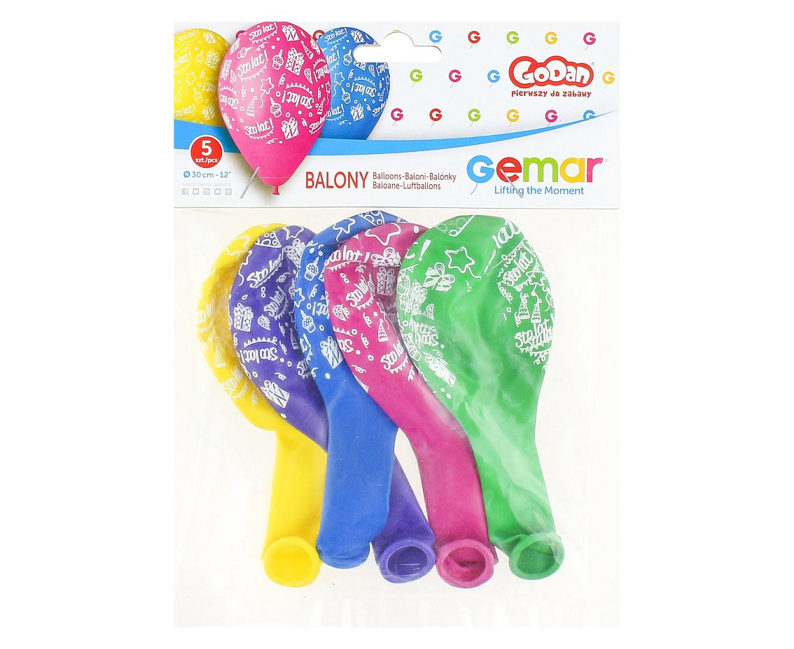 Balloons Gemar 12", pastel premium birthday balloons "sto lat", multicoloured, 5pcs
