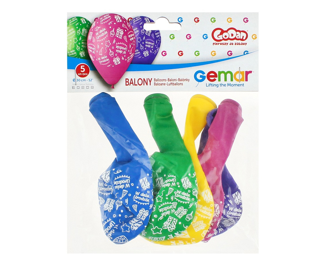 Balloons Gemar 12", pastel premium birthday balloons "w dniu urodzin", multicoloured, 5pcs