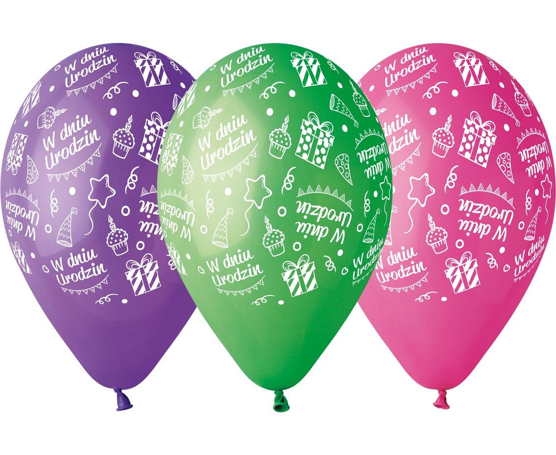 Balloons Gemar 12", pastel premium birthday balloons "w dniu urodzin", multicoloured, 5pcs