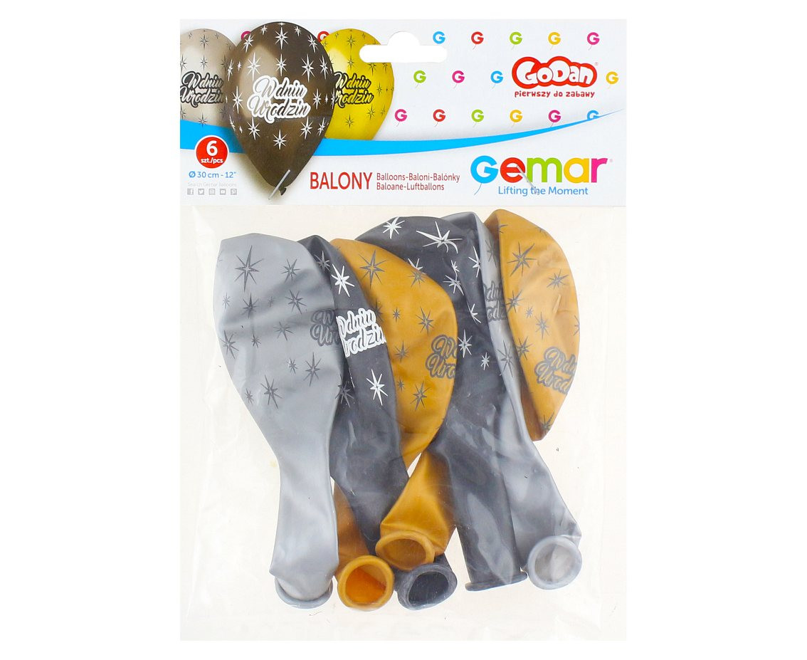 Balloons Gemar 12", premium birthday balloons "w dniu urodzin", metallic, 6pcs