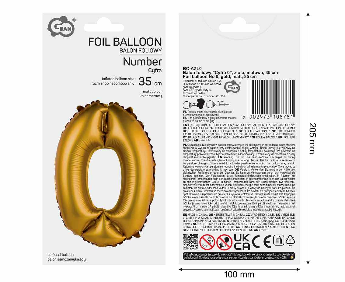 Foil balloon No 0, gold, matt, 35 cm EOL