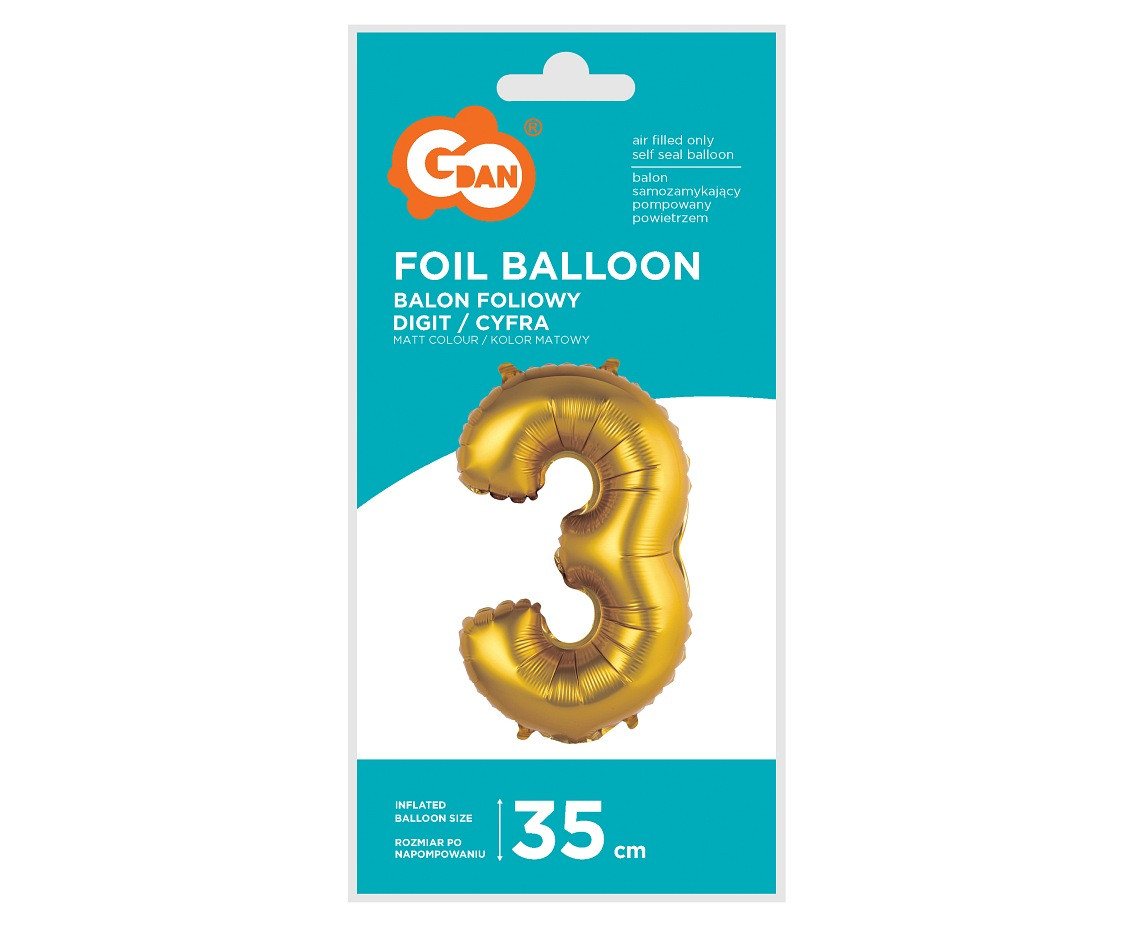 Foil balloon No 3, gold, matt, 35 cm EOL