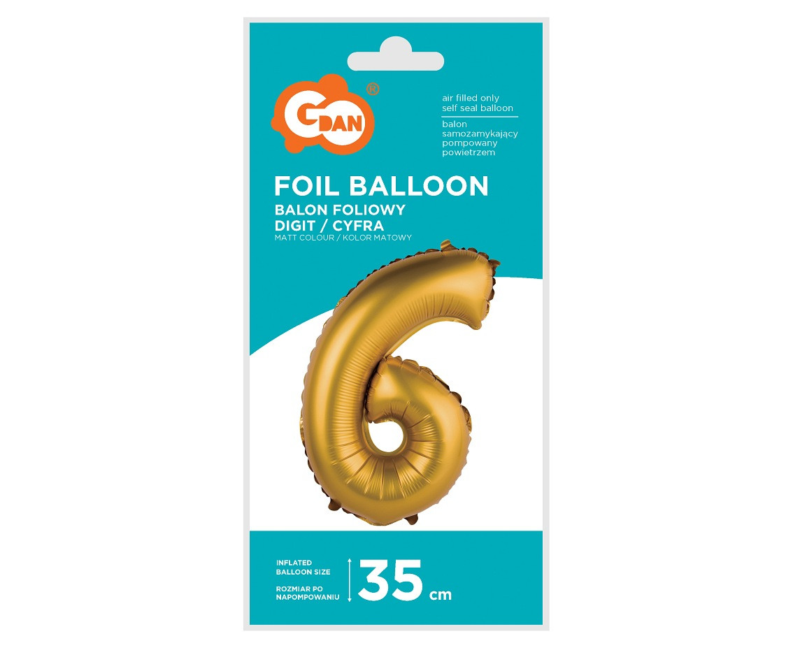 Foil balloon No 6, gold, matt, 35 cm EOL