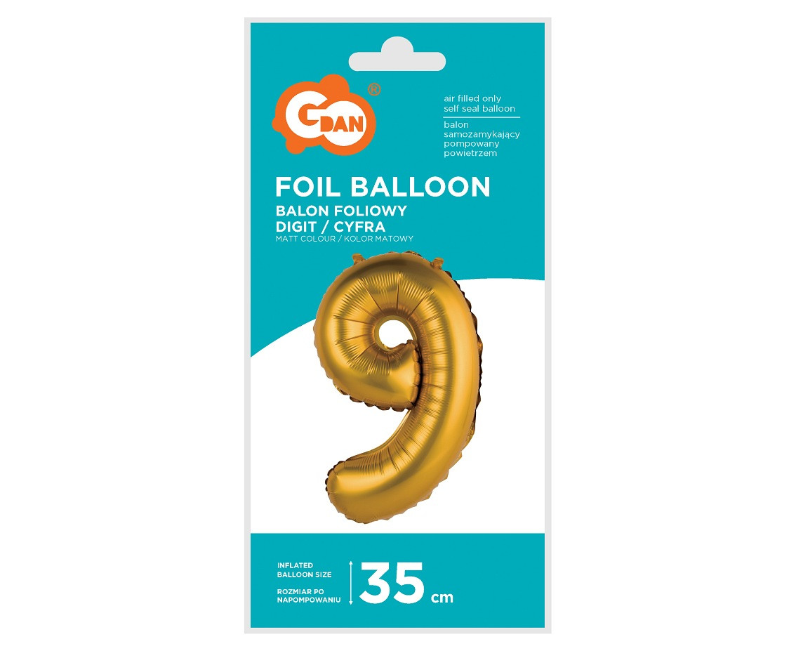 Foil balloon No 9, gold, matt, 35 cm EOL