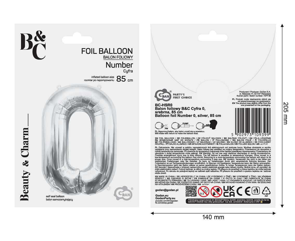 Foil balloon B&C Number 0, silver, 85 cm