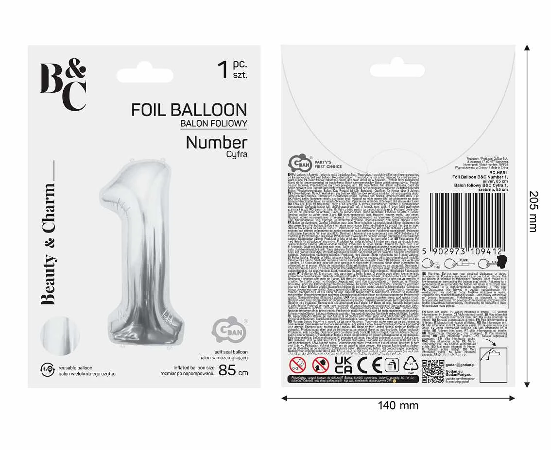 Foil balloon B&C Number 1, silver, 85 cm