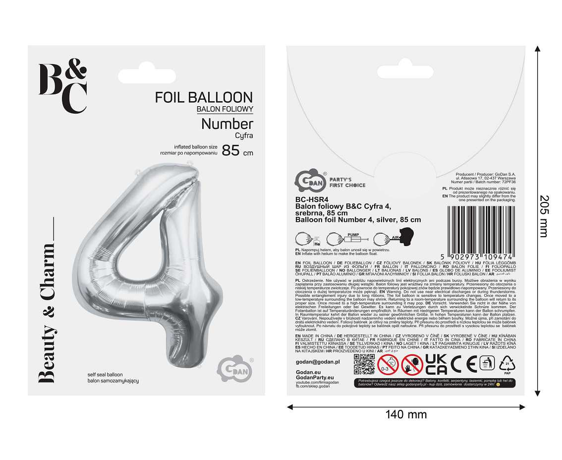 Foil balloon B&C Number 4, silver, 85 cm