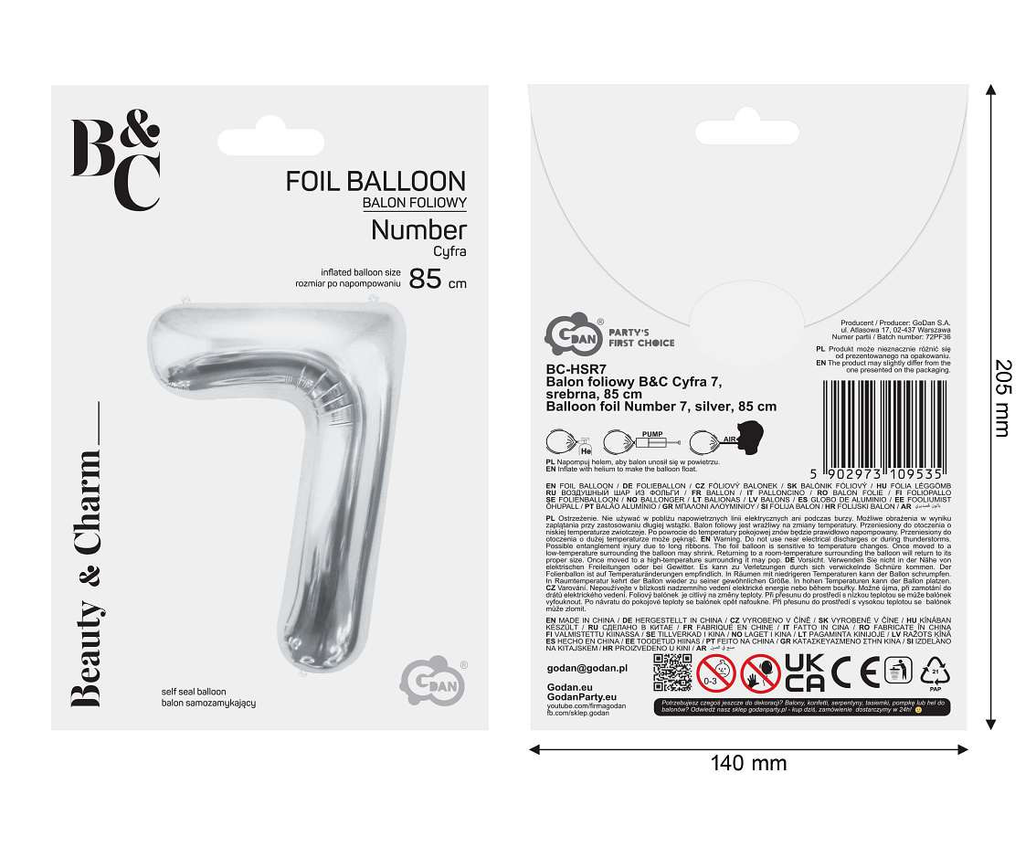 Foil balloon B&C Number 7, silver, 85 cm