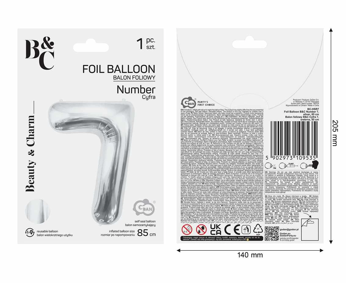 Foil balloon B&C Number 7, silver, 85 cm