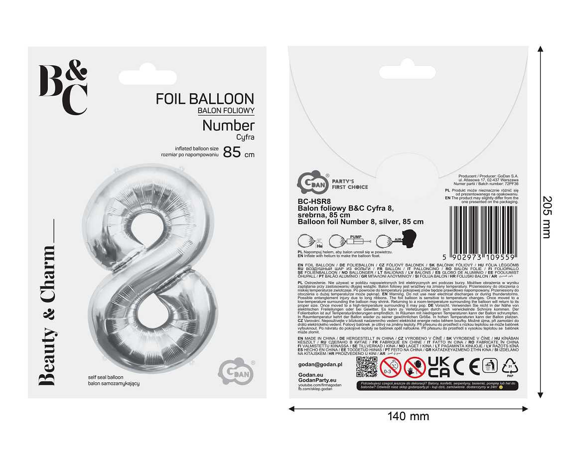Foil balloon B&C Number 8, silver, 85 cm