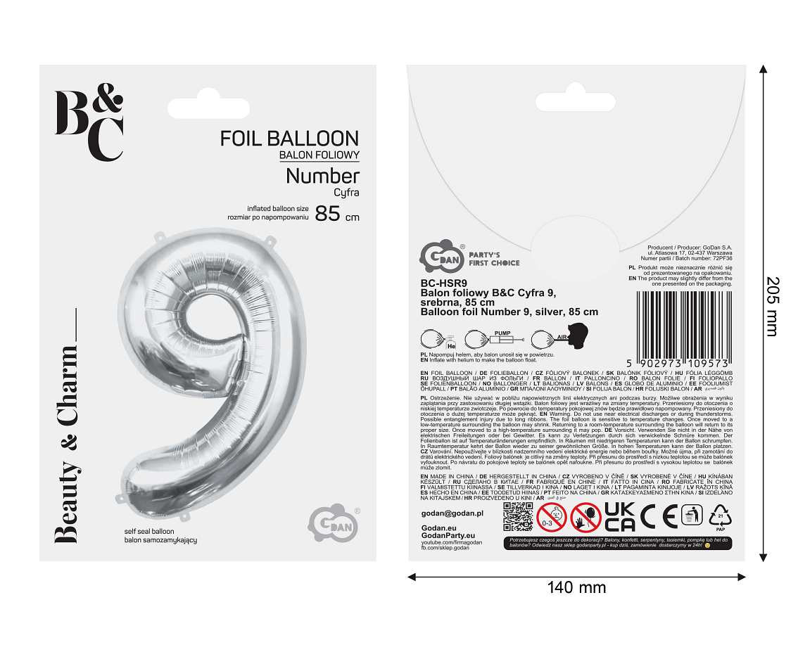 Foil balloon B&C Number 9, silver, 85 cm