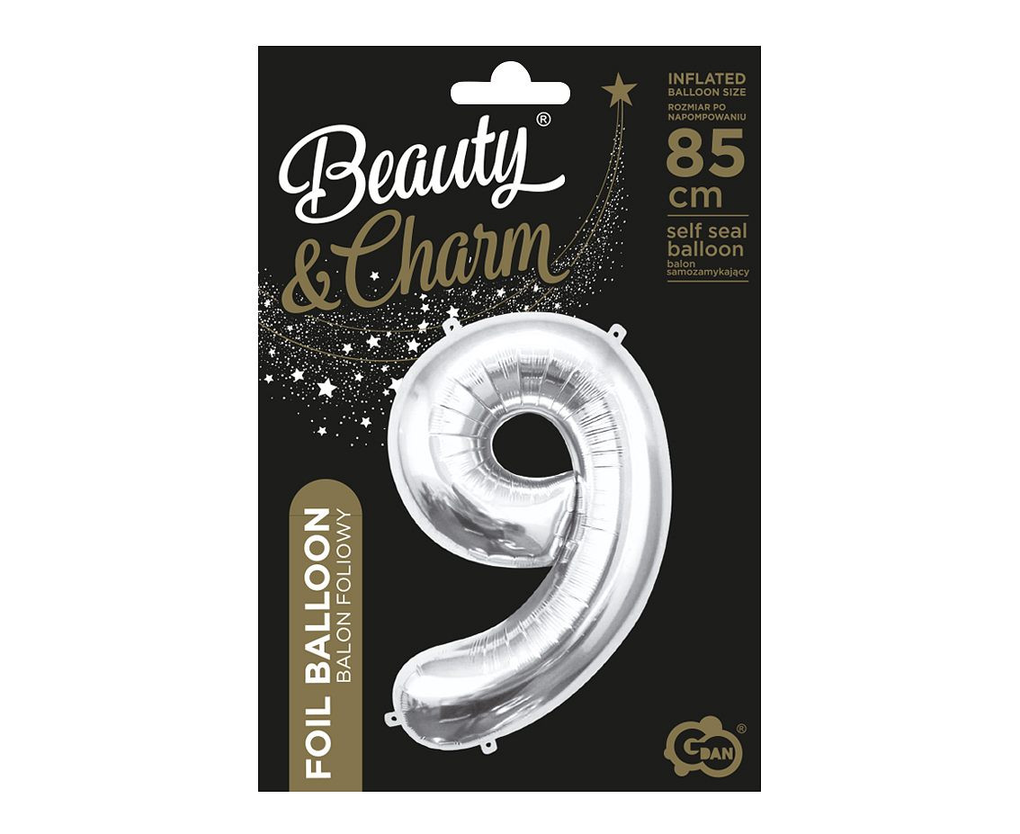 Foil balloon B&C Number 9, silver, 85 cm