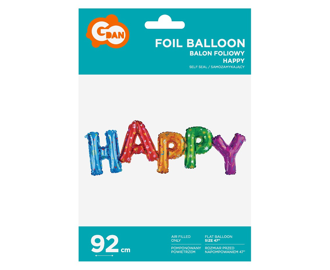 Foil balloon - inscription "Happy", multicoloured, 95x35cm EOL