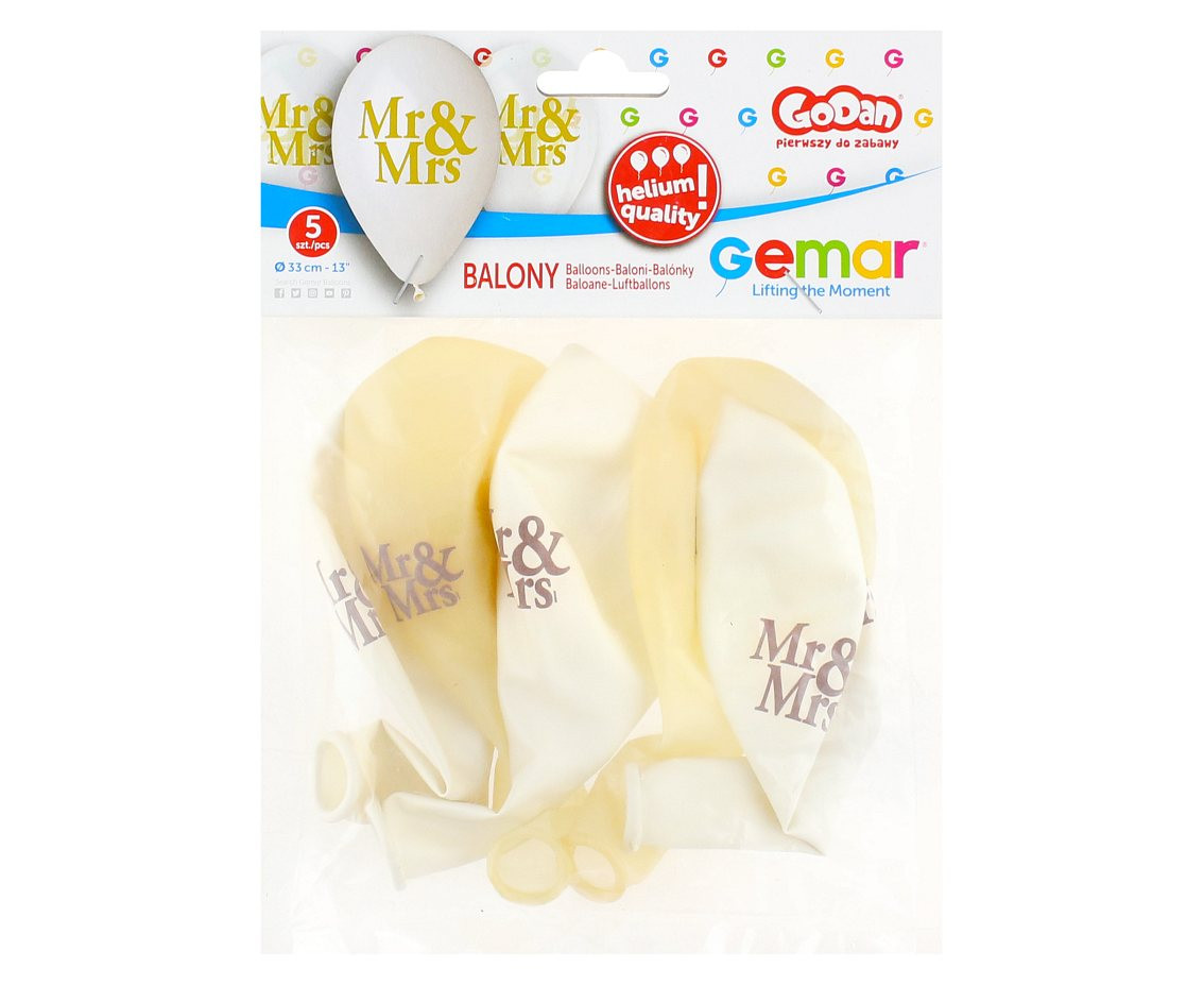 Balloons Gemar 13", premium helium "mr&mrs.", metallic, 5pcs EOL