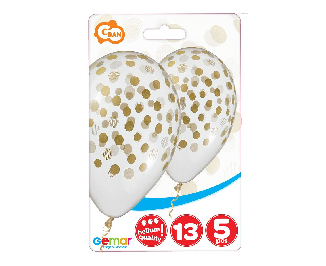 Balloons Gemar 13", pastel premium helium "gold confetti", transparent, 5pcs