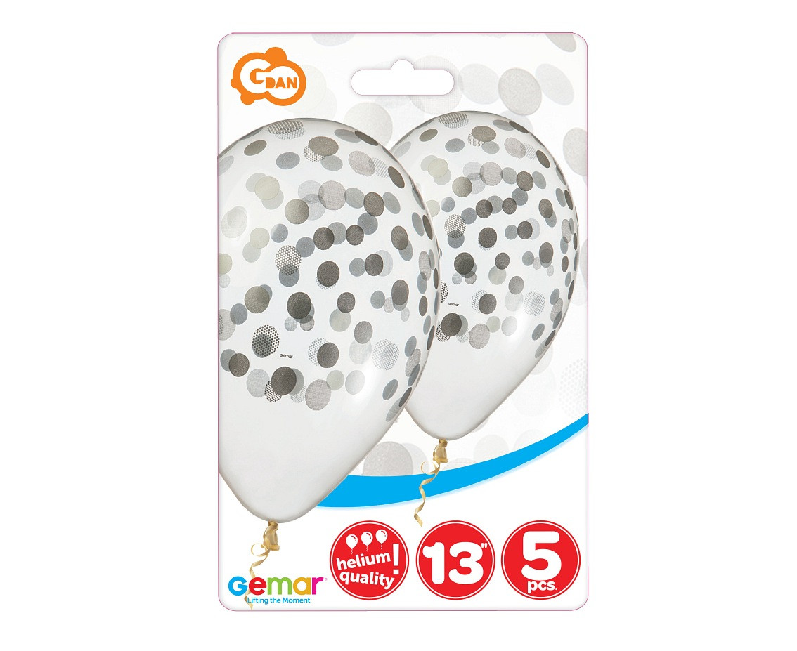 Balloons Gemar 13", pastel premium helium "silver confetti", transparent, 5pcs