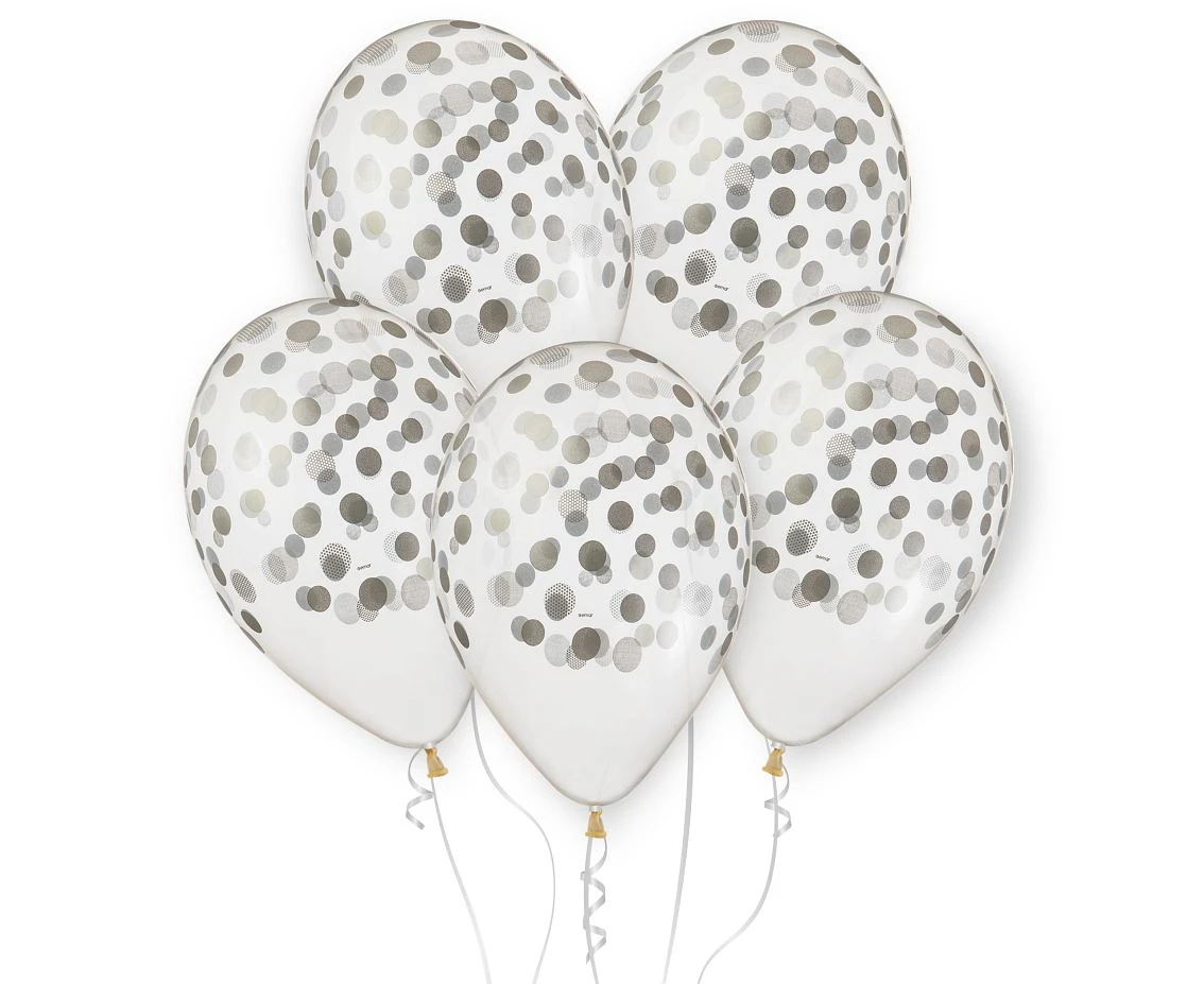 Balloons Gemar 13", pastel premium helium "silver confetti", transparent, 5pcs