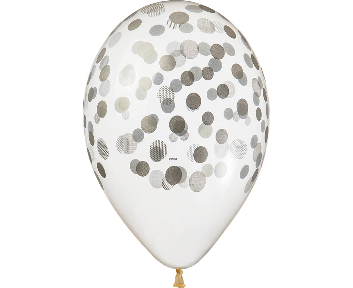 Balloons Gemar 13", pastel premium helium "silver confetti", transparent, 5pcs