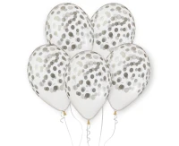Balloons Gemar 13", pastel premium helium "silver confetti", transparent, 5pcs