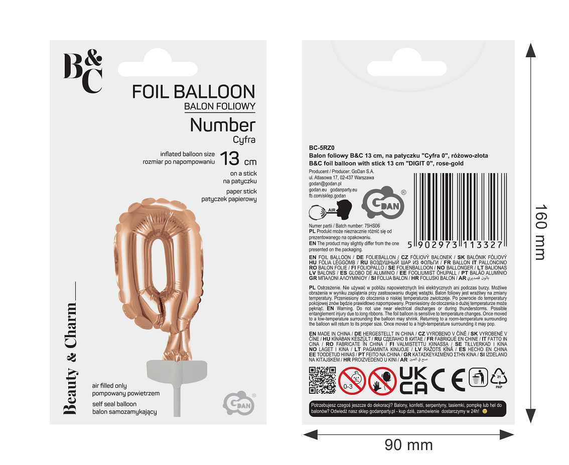 Foil balloon with stick 5" DIGIT 0, rose-gold