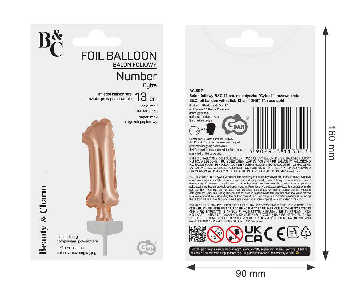 Foil balloon with stick 5" DIGIT 1, rose-gold