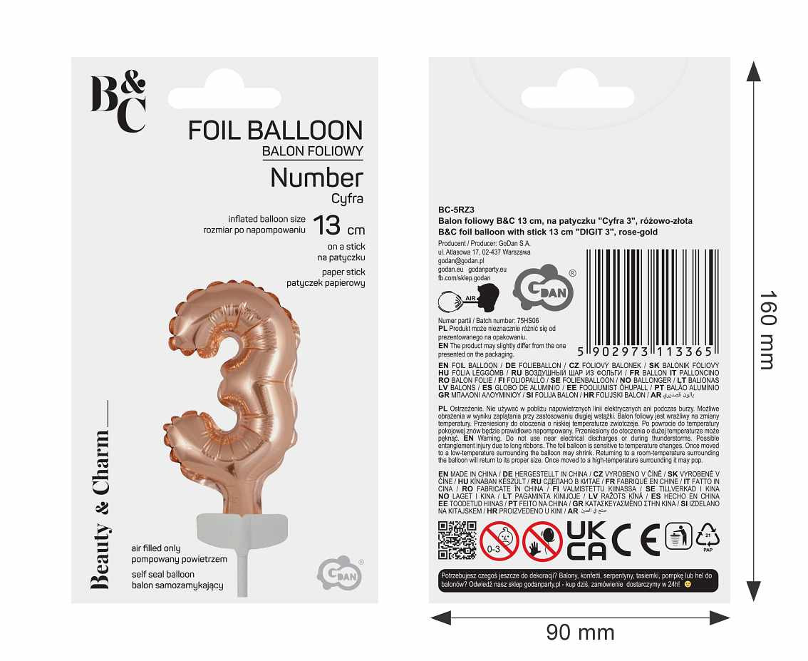 Foil balloon with stick 5" DIGIT 3, rose-gold