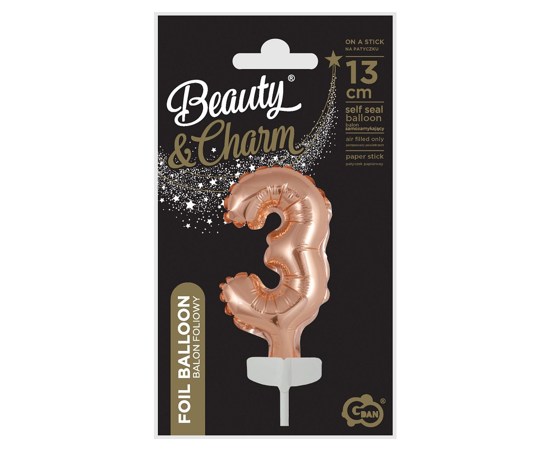 Foil balloon with stick 5" DIGIT 3, rose-gold