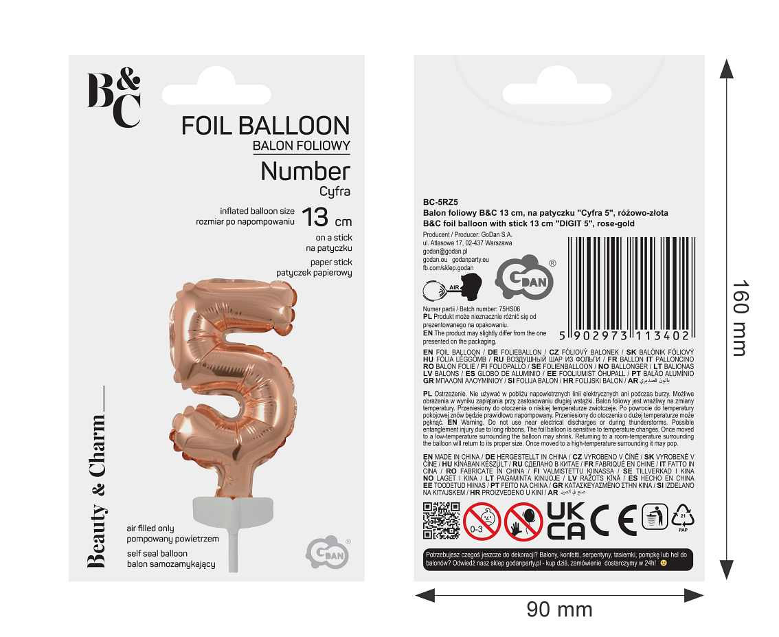 Foil balloon with stick 5" DIGIT 5, rose-gold