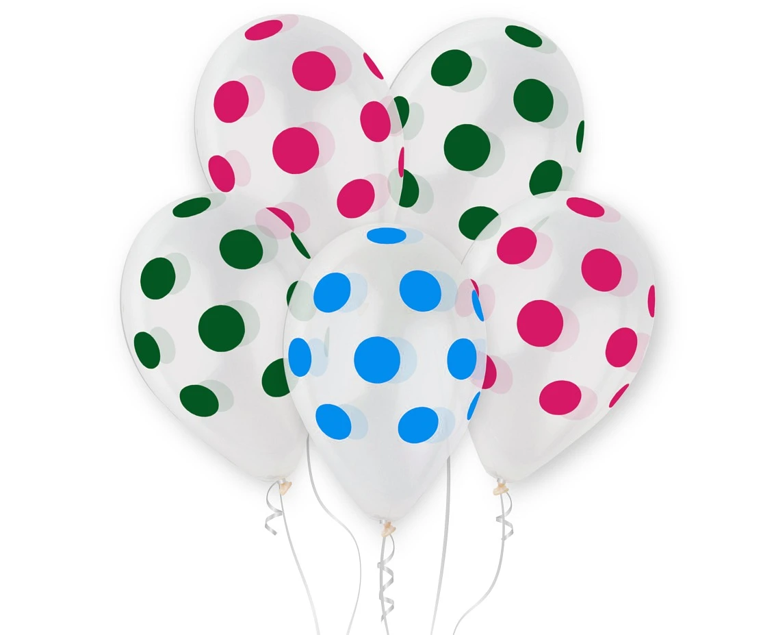 Balloons Gemar 13", pastel premium helium colors dots, transparent, 5pcs EOL