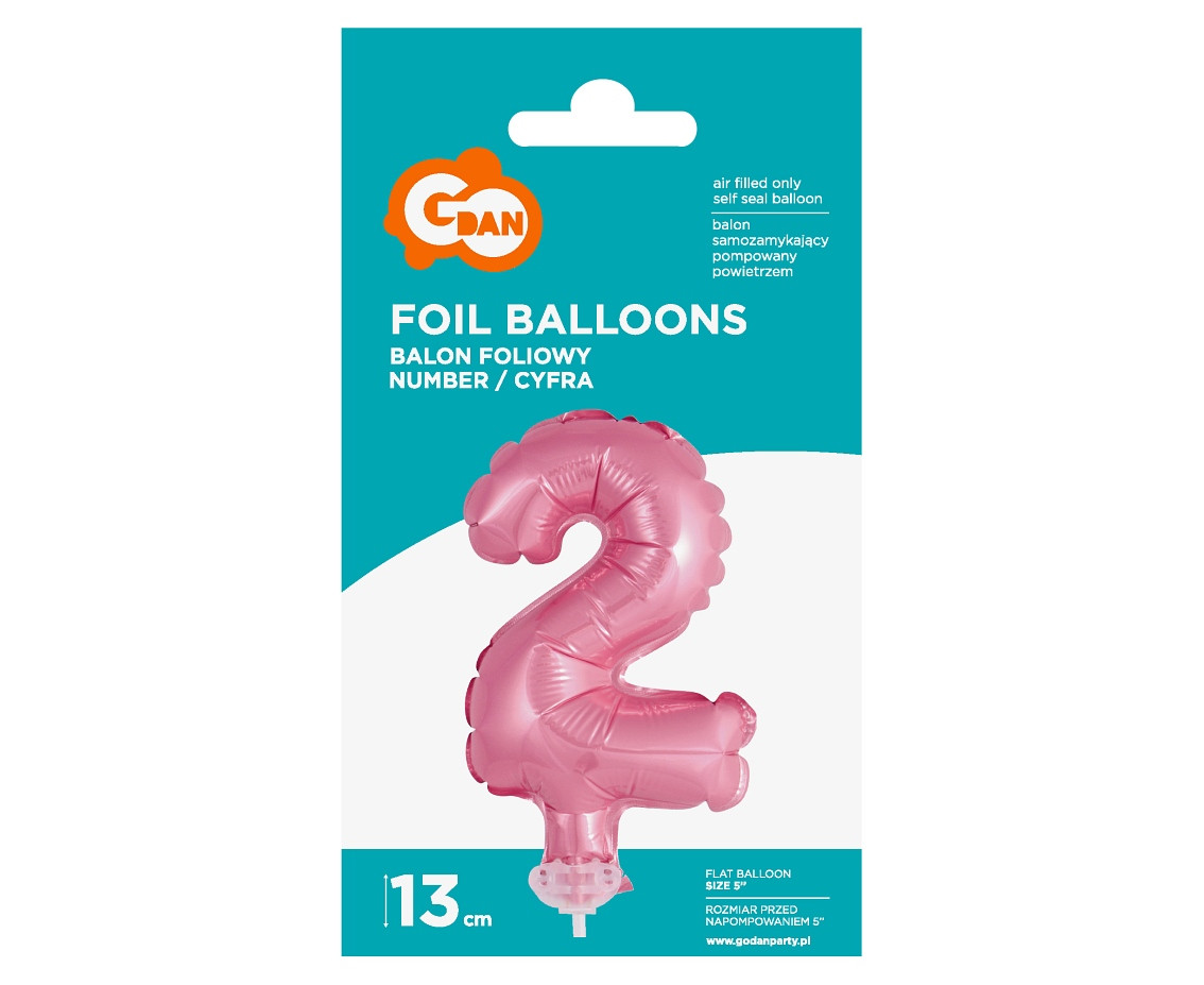 Foil balloon with stick 5" DIGIT 2, pink EOL