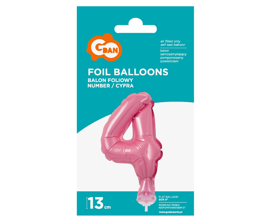 Foil balloon with stick 5" DIGIT 4, pink EOL