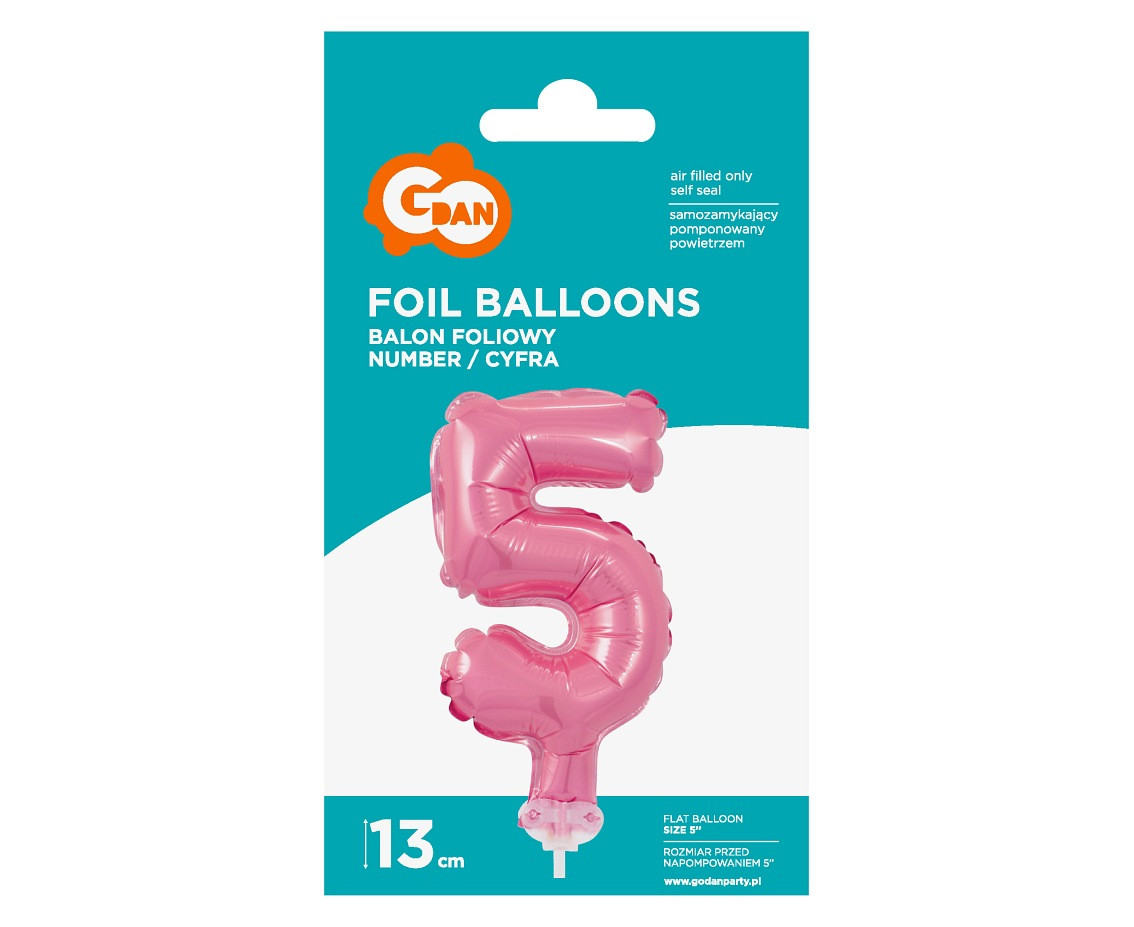 Foil balloon with stick 5" DIGIT 5, pink EOL