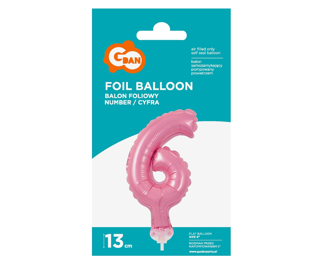 Foil balloon with stick 5" DIGIT 6, pink EOL