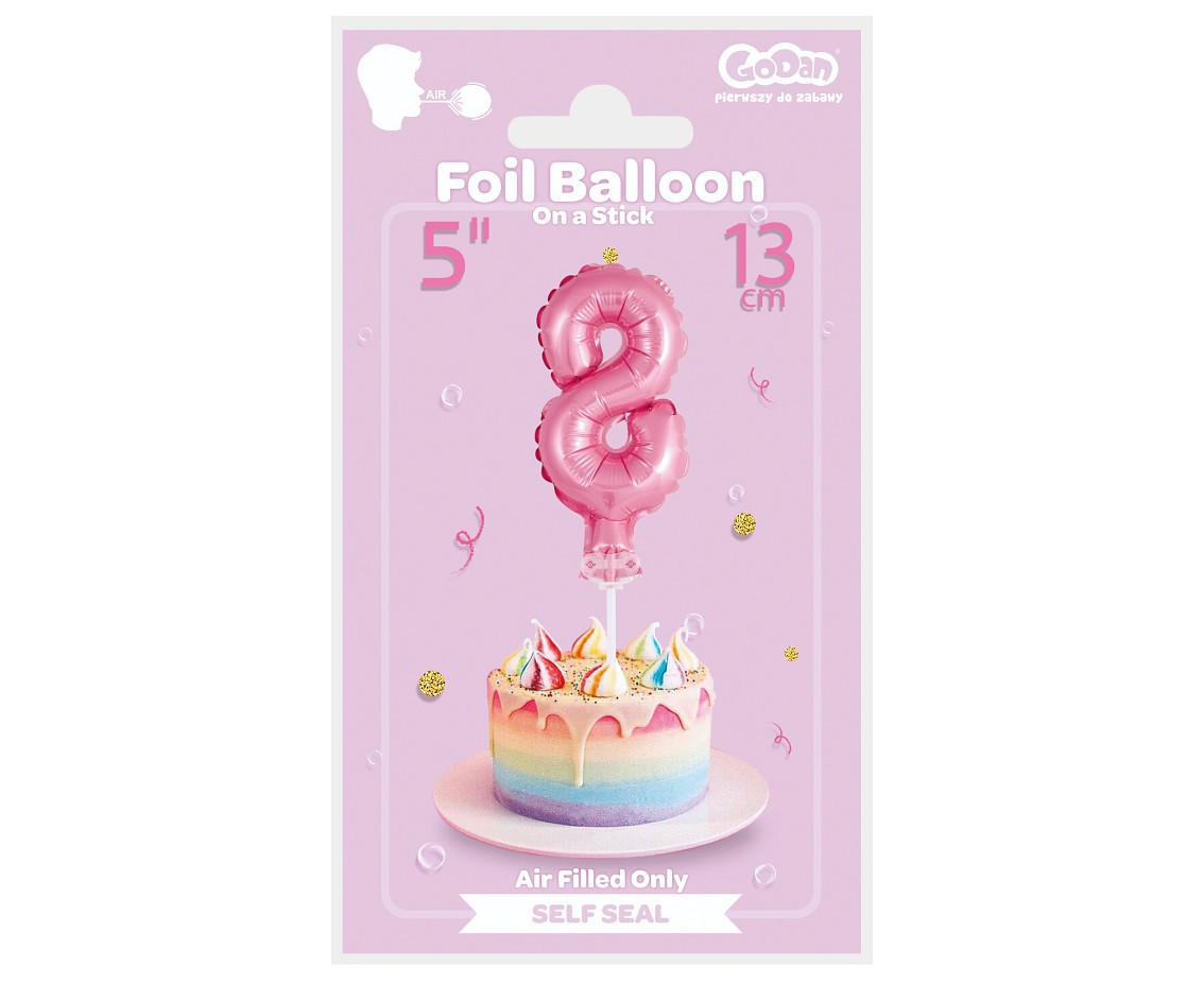 Foil balloon with stick 5" DIGIT 8, pink EOL