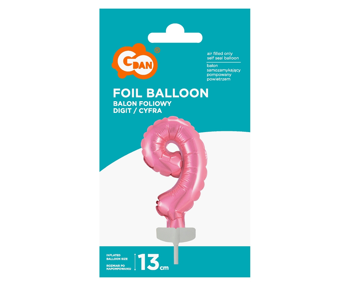 Foil balloon with stick 5" DIGIT 9, pink EOL