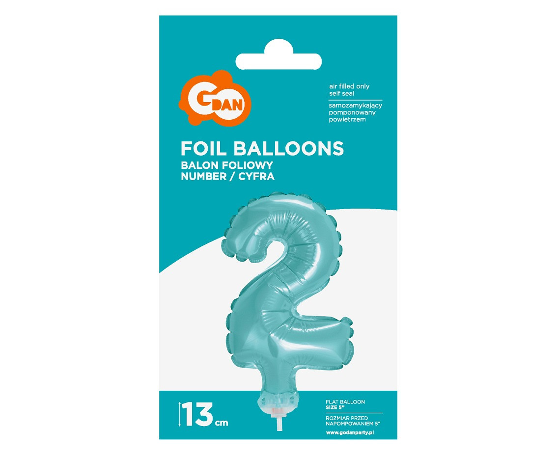 Foil balloon with stick 5" DIGIT 2, light blue EOL