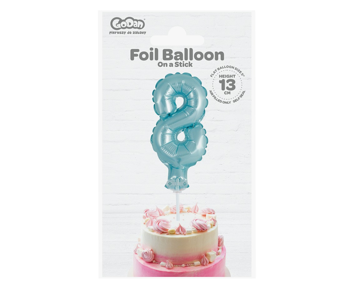 Foil balloon with stick 5" DIGIT 8, light blue EOL